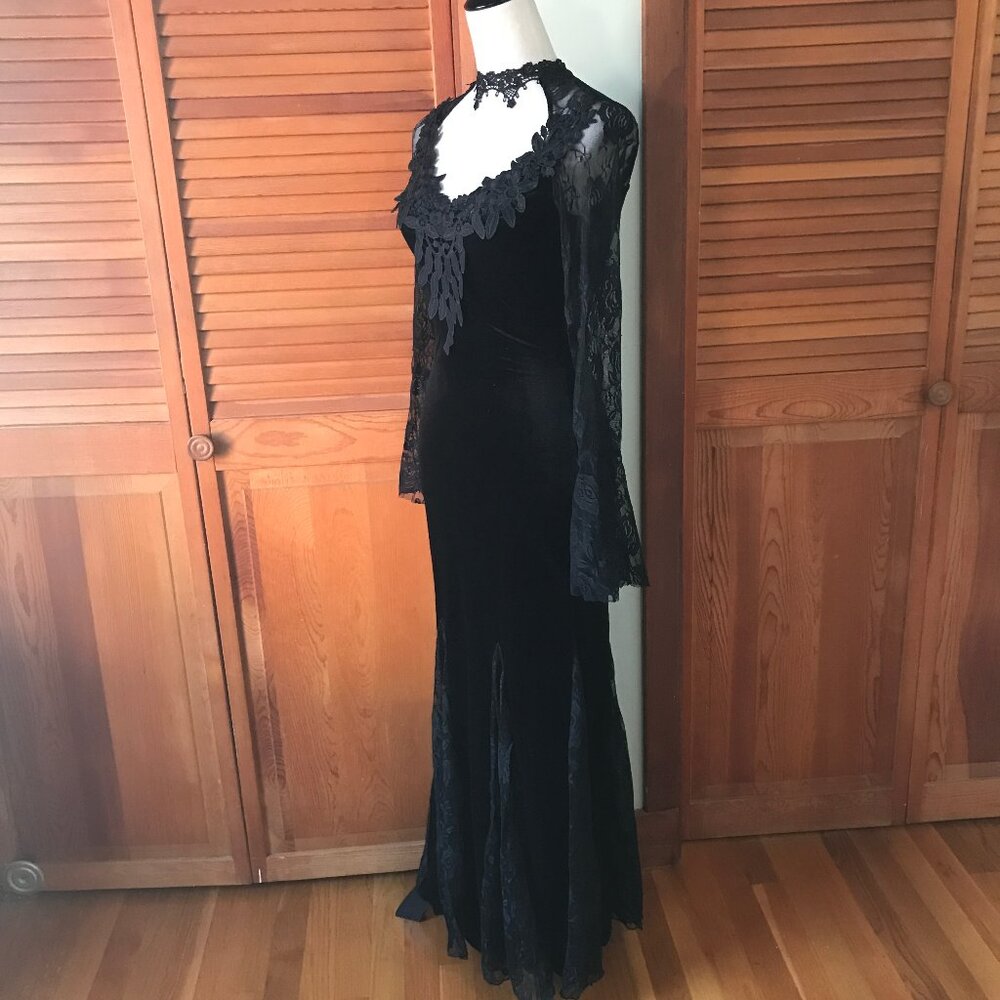 Gothic Victorian Flowers of Evil Black Velvet & Lace Morticia Gown Dress - Picture 7 of 13